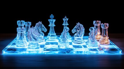 Illuminated glass chess pieces on a backlit board.