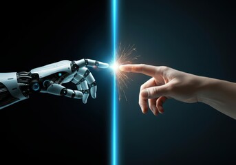 Robotic and human hands nearly touching, bright light beam separating palms, generating electric sparks symbolizing technological connection and AI interaction