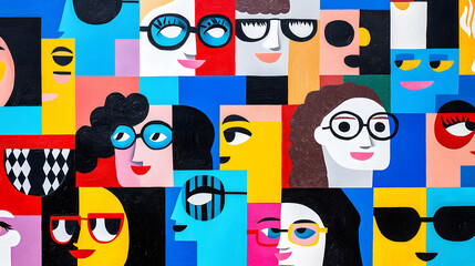 Creative abstract colorful cartoon people faces, geometric cubism portrait. Group of people, community modern trendy art collage