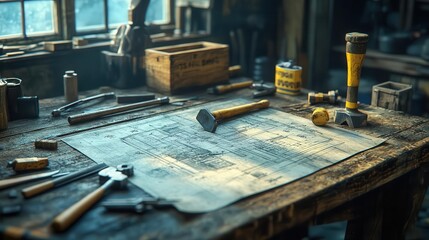 Construction tools on a workbench, hammers, and blueprints