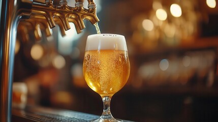 Craft beer being poured into a glass, pub background