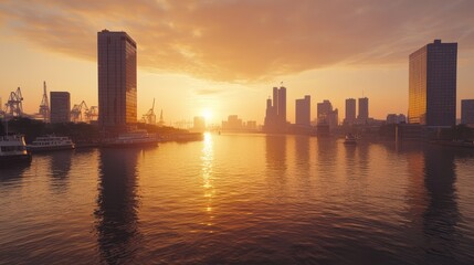 Obraz premium Golden sunrise over cityscape reflected in calm river water.