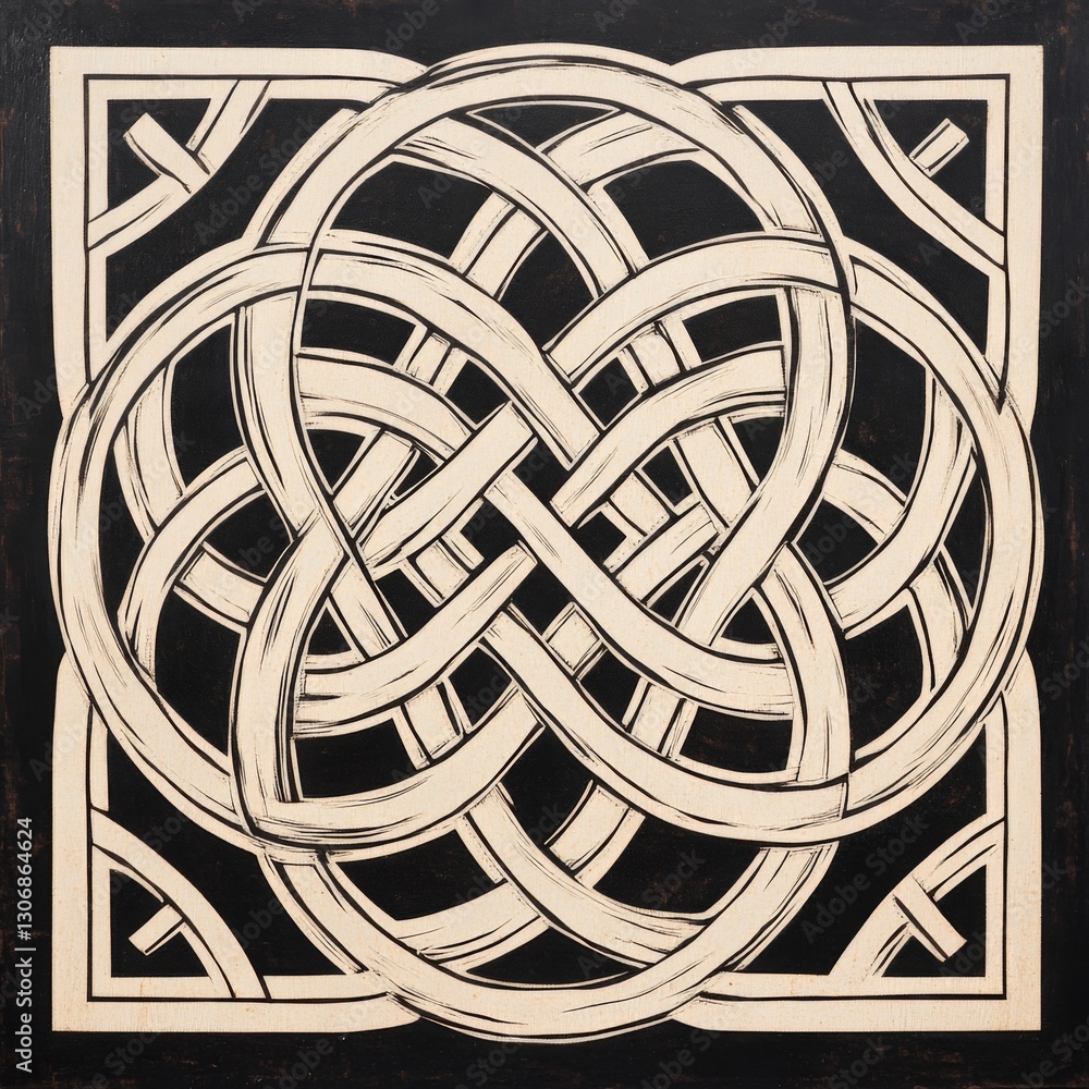 Poster intricate knot design featuring interwoven patterns on a dark background, ideal for art projects