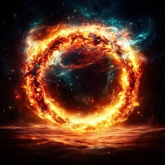 Fiery ring of fire and nebula in space.