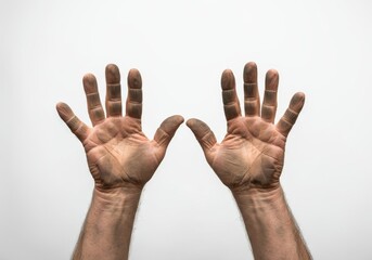 Hardworking Caucasian worker showing grimy hands following challenging manual labor, revealing physical effort and workplace realities against pristine white backdrop
