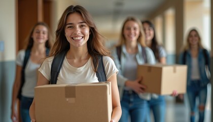 Smiling female college students carry boxes in dormitory hallway on moving day. Young women unpack on campus at new semester. Happy excited girls indoor in residential housing. University transition,