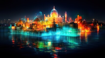 Obraz premium Illuminated cityscape at night reflecting on water.
