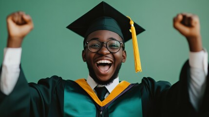 A young graduate in a cap and gown raises his arms in excitement, celebrating his academic achievement with a bright smile against a solid green background, symbolizing success and joy