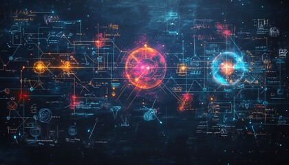 Chalkboard with scientific diagrams, educational themes, generative AI elements, creative learning approach