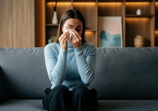 Tearful young woman sitting on living room sofa, dabbing eyes with tissue while experiencing deep emotional pain and vulnerability