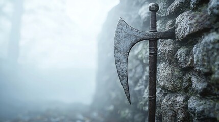 Fototapeta premium Rusty medieval axe leaning on a stone wall in a foggy forest.
