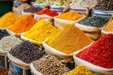 Fototapeta premium Vibrant Colorful Spices at a Lively Market Stall