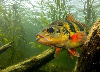 A perch swims gracefully among aquatic plants in a river, showcasing its vibrant stripes and predatory stance while searching for food in a natural habitat