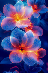 Glowing abstract flowers with vibrant blue and orange petals and delicate illuminated veins on dark