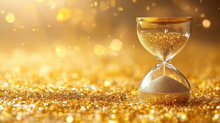 Golden hourglass on glittering surface, time passing concept.