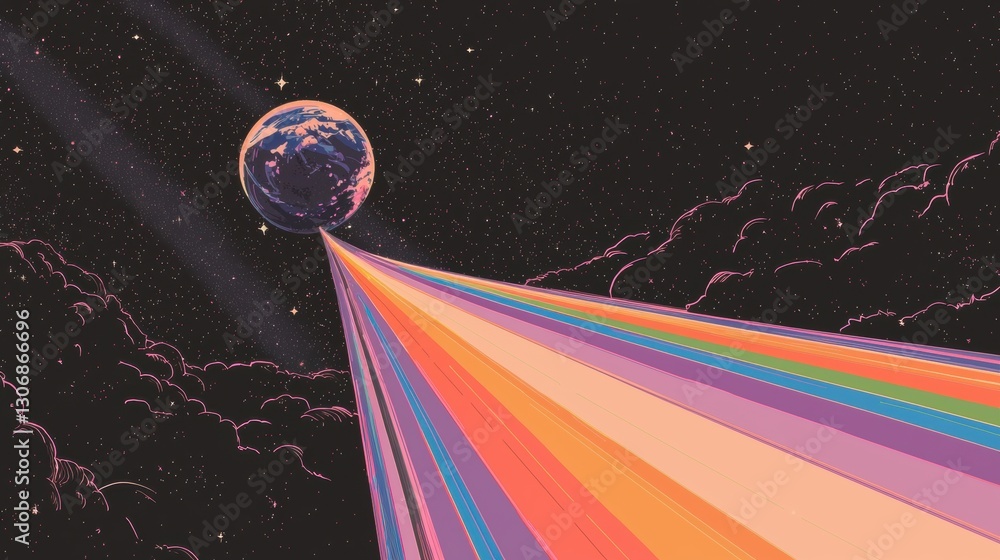 Poster illustration of a planet in space with a rainbow-colored line of light emanating from it. the planet