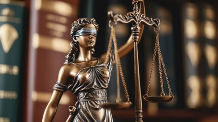 A bronze statue of Lady Justice holding balanced scales and a sword stands before a row of legal books, symbolizing fairness, impartiality, and the rule of law