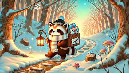 A heartwarming and whimsical springtime scene featuring a small raccoon dog mail carrier delivering glowing letters in an enchanted forest as winter melts into spring
