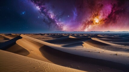 A surreal, cosmic landscape of a nebula filled with sand dunes. Generative AI.