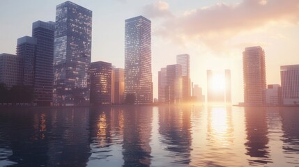 Fototapeta premium Cityscape sunset reflected in calm water.