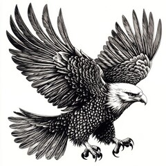 Majestic eagle soaring with outstretched wings against a plain background, showcasing its power