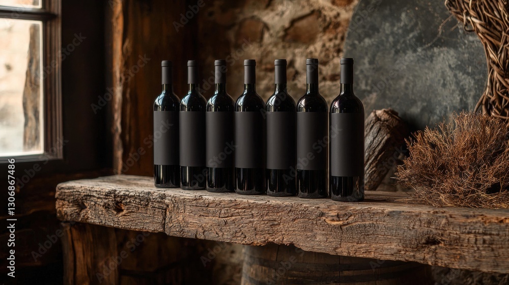 Aufkleber row of six black wine bottles arranged in a line on a wooden shelf. the bottles are of different siz