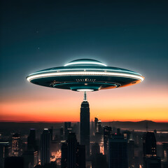 Fototapeta premium A spaceship hovers over a city at sunset, shaped like a saucer