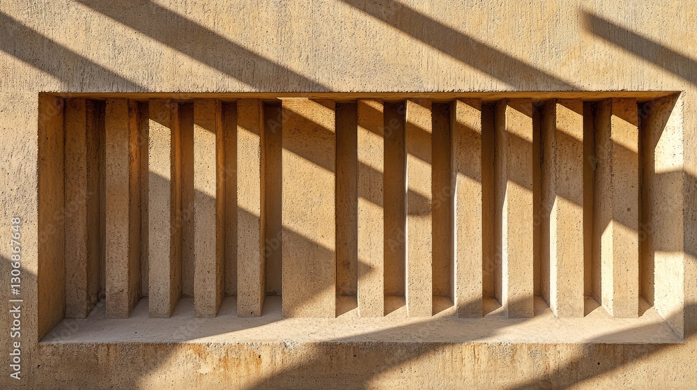 Poster Architectural shadows forming geometric patterns on a minimalist concrete wall, creating depth and modern copy space.