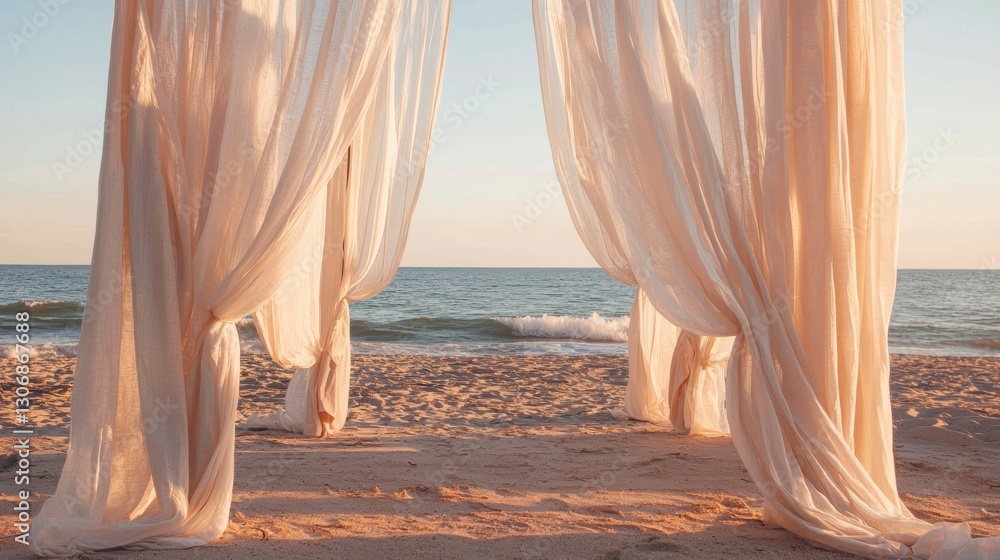 Poster beautiful beach scene with a clear blue sky and the ocean in the background. the focal point of the 