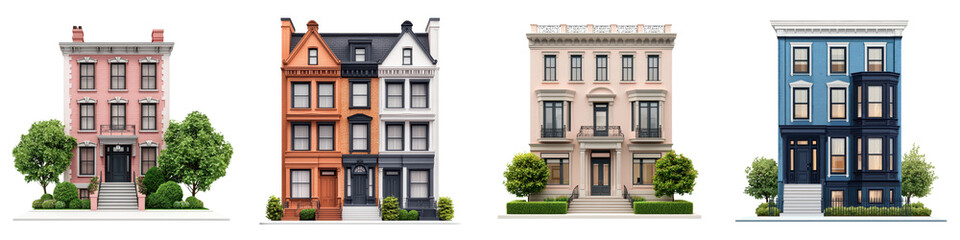 Fototapeta premium A panoramic view showcasing a variety of architectural styles and residential buildings lining the streets of a vibrant urban neighborhood The scene presents a charming mix of classic modern