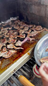 Woman serving lamb chops on a platter with tongs. Smoking grill. Outdoor barbecue. Vertical video.