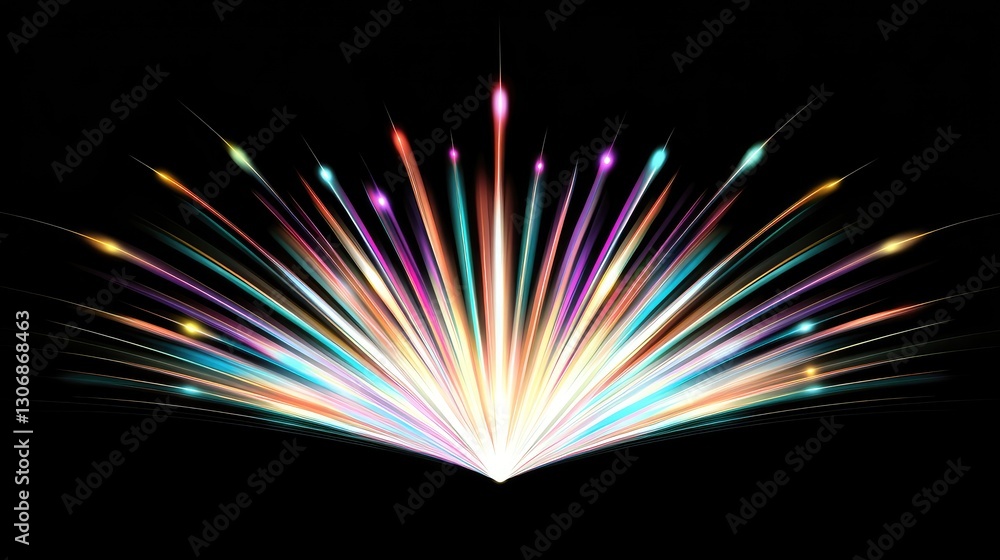Poster a burst of colorful laser lights creating beams of light in the dark with an abstract pattern, leavi