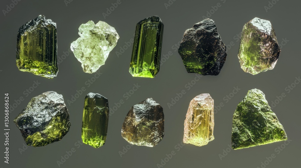 Poster collection of nine different types of crystals arranged in a grid-like pattern on a dark grey backgr