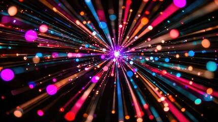 Fototapeta premium A burst of laser lights in various colors, streaking across a dark background, forming an abstract design with room for copy.