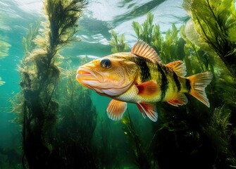Obraz premium A perch swims gracefully among aquatic plants in a river, showcasing its vibrant stripes and predatory stance while searching for food in a natural habitat