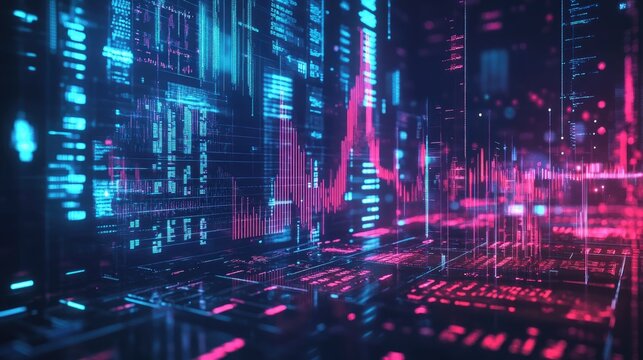 Abstract Futuristic Digital Data Stream Visualization with Pink and Blue Neon Lights Showing Complex Algorithms and Network Connections