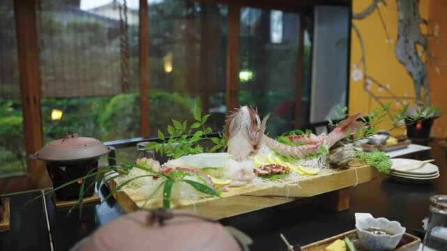 Hot Pot and Fresh Raw Sushi in Japanese Ryokan Banquet, Kaiseki Sea Bream Course