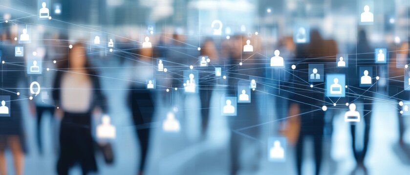 A blurred crowd is overlaid with digital icons representing connections and user profiles, symbolizing networking and social interaction.
