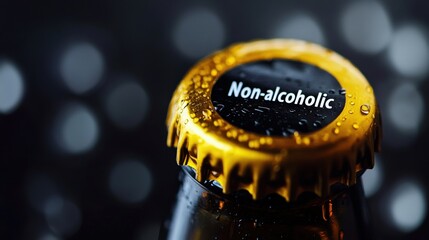 Close-up of a non-alcoholic beverage bottle cap with condensation, emphasizing sober lifestyle choices and alcohol-free alternatives, for premium look banner with copy space