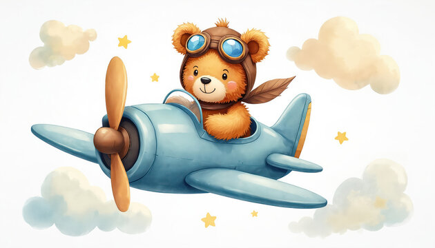 Watercolor illustration. Cute teddy bear in pilot helmet flying blue plane in sky with clouds and stars. Design element for baby shower, birthday invitations.
