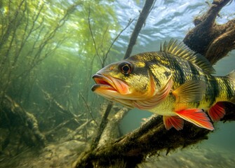Obraz premium A perch swims gracefully among aquatic plants in a river, showcasing its vibrant stripes and predatory stance while searching for food in a natural habitat