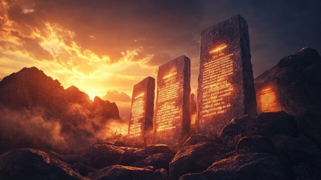 The Ten Commandments are inscribed on ancient stone tablets, softly glowing in the warm sunset light, placed on a mountain landscape, symbolizing faith, wisdom, and divine guidance