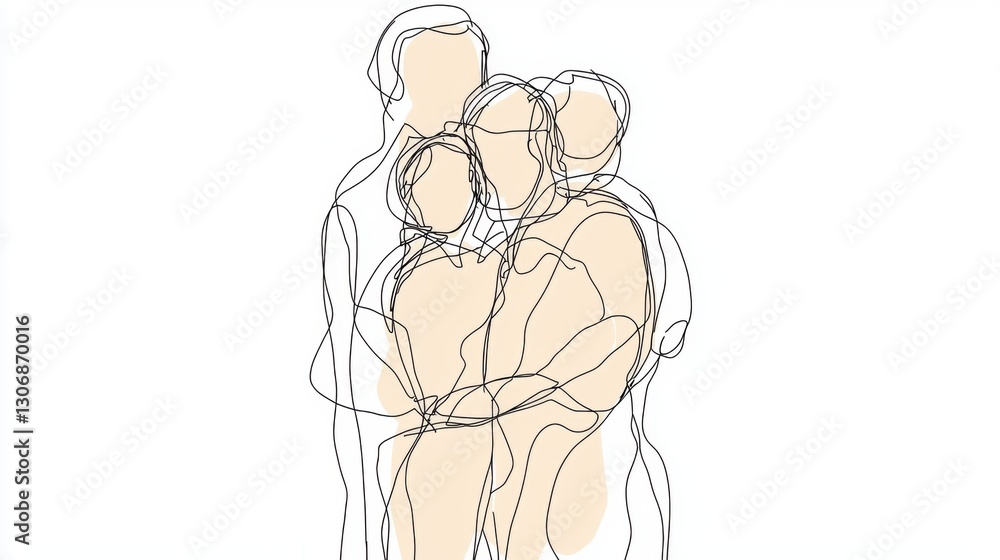 Poster continuous line drawing of three people embracing each other. the figures are drawn in a simple, min