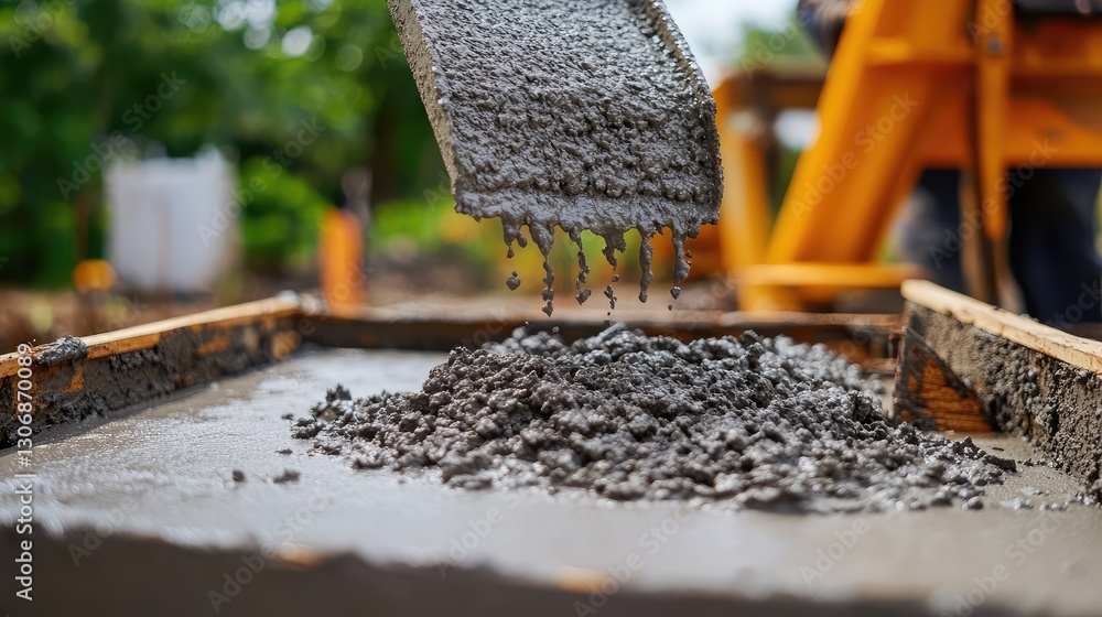 Poster a close-up view of concrete being poured into a flat mold, creating a smooth surface for copy space.
