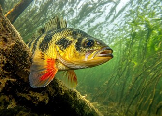 Fototapeta premium A perch swims gracefully among aquatic plants in a river, showcasing its vibrant stripes and predatory stance while searching for food in a natural habitat