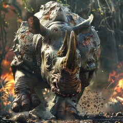 Fototapeta premium Majestic Rhinoceros Charging Through Dense Jungle Environment