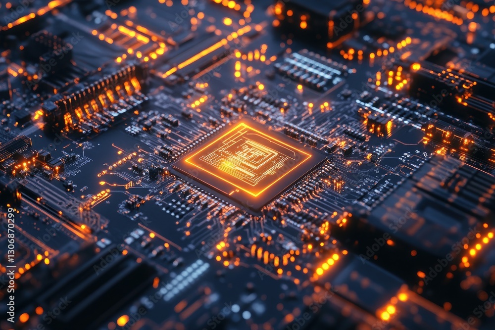 Poster closeup of a glowing orange computer microchip circuit board