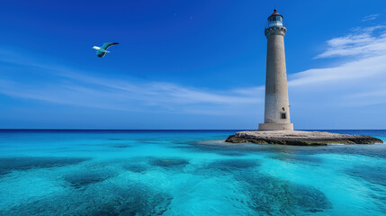 Lighthouse on the island in the ocean with seabirds flying in the sky, perfect summer vacation diving destination, professional travel photography, landscape poster, travel poster
