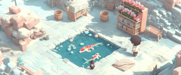 Serene courtyard with koi pond, flowers, and a child.