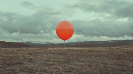 Large orange balloon floating in the middle of a barren landscape. the sky is cloudy and grey, and the horizon is visible in the distance.